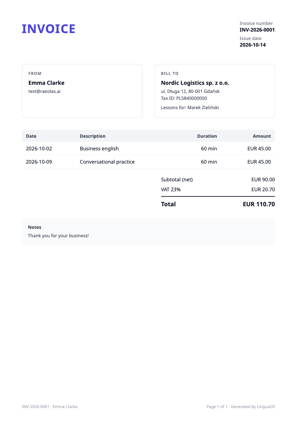 A PDF invoice for a company