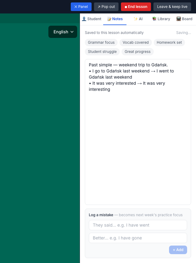 A video lesson with the lesson panel beside the call