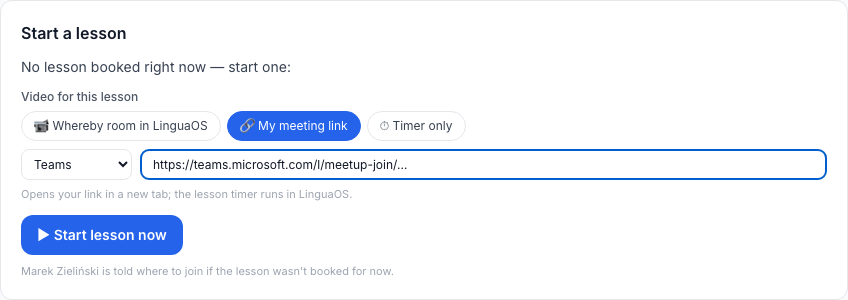 Starting a lesson with a choice of video call